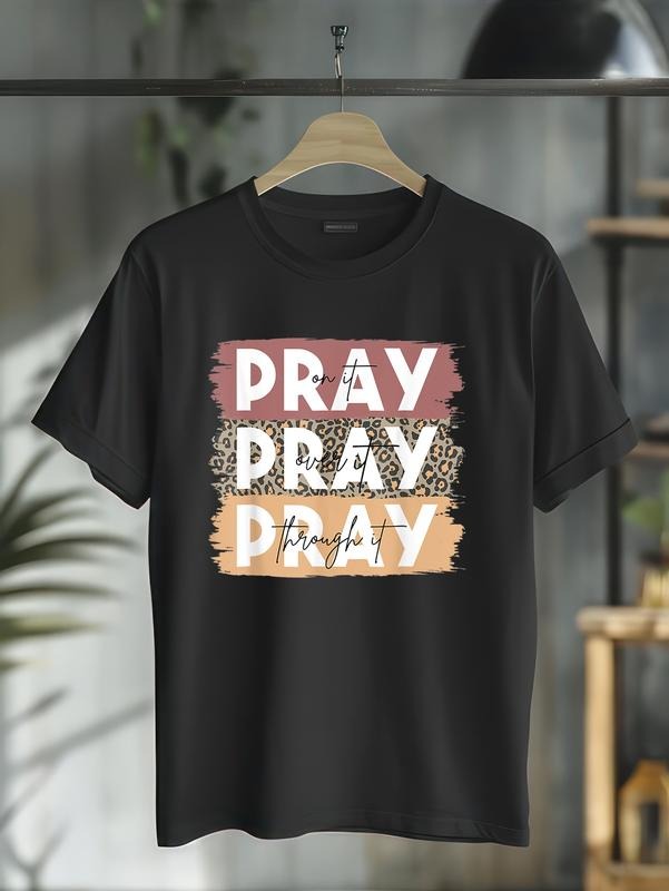 cotton Pray On It Pray Over It Pray Through It Leopard Christian T-Shirt casual Fashion graphic tees for women Hoodie,...