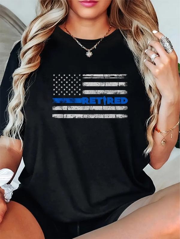 cotton Retired Police Officer Thin Blue Line Flag Retirement T-Shirt - Black, Unisex, Short Sleeve, Classic Fit, Crew...
