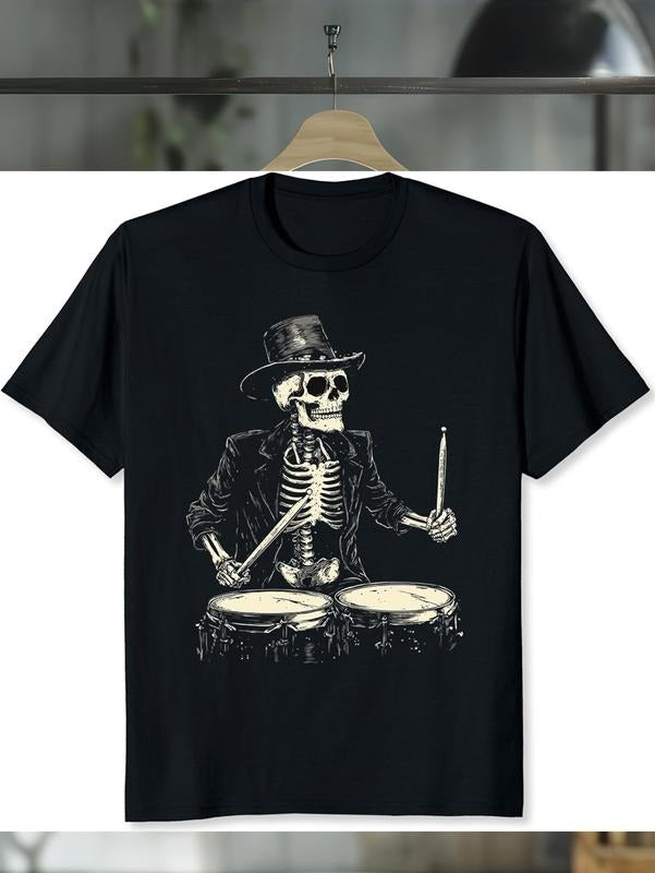 cotton Skeleton Drummer Shirt Vintage Band Shirt Gift for Rock Music Lover Skull T-Shirt for Men casual Fashion graphic...