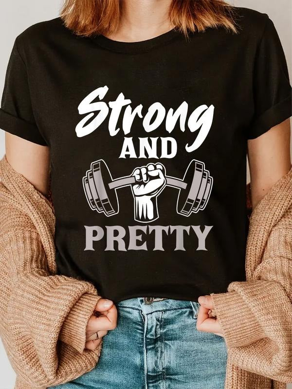 cotton Strong And Pretty Gym Fitness Sport Bodybuilding T-Shirt casual Fashion graphic tees for women Hoodie, Sweatshirt