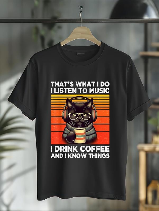 cotton That's What I Do I Listen To Music I Drink Coffee Funny Cat T-Shirt casual Fashion graphic tees for women Hoodie,...