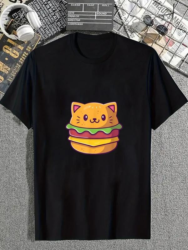 cotton Unisex-Adults Cat-Themed T-Shirt Black Small Classic Fit Cartoon Cat & Hamburger T-Shirt casual Fashion graphic...