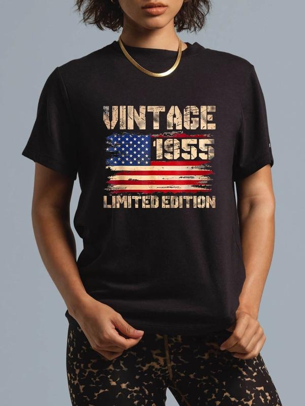 cotton Vintage 1955 70th Birthday Gifts 70 Year Old American Flag T-Shirt casual Fashion graphic tees women Hoodie,...