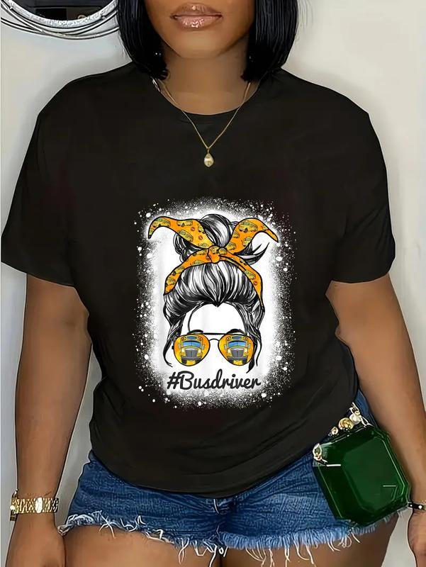 cotton Womens Bus Driver Life Messy Bun Hair Cute School Bus Driver T-Shirt casual Fashion graphic tees women Hoodie,...