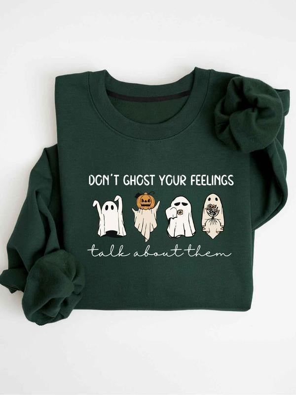 "don't Ghost Your Feelings" Halloween Ghost Crewneck - Women's Oversized Mental Health Humor Graphic Long Sleeves Sweatshirt, Retro Fall Casual Wear