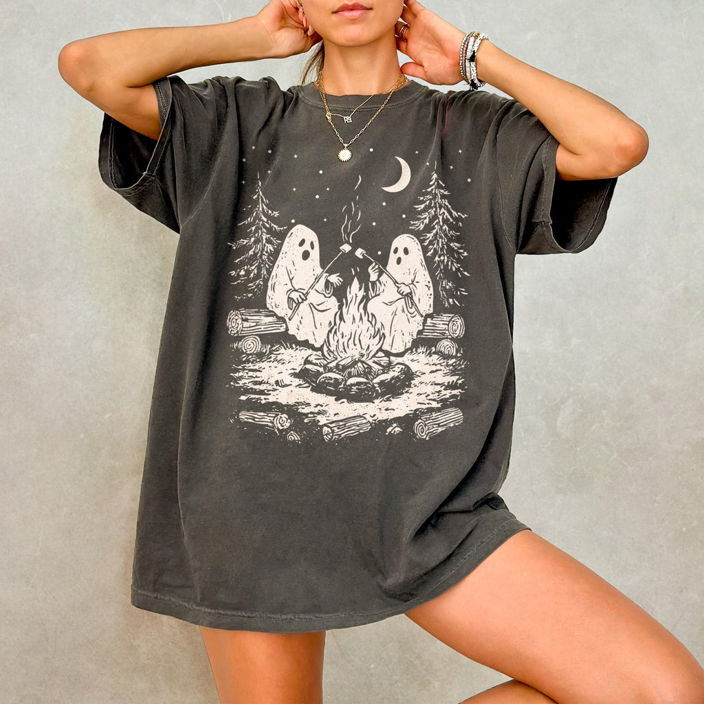 Ghost Stories Retro Halloween Ghost Comfort Colors Camping Spooky Season Fall Trick Treat Tee (1)