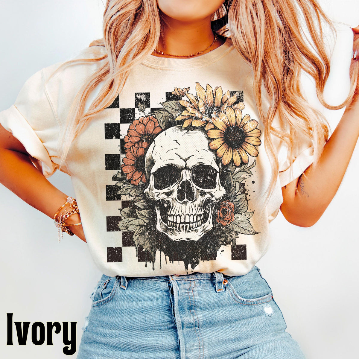Boho Skull Comfort Colors Vintage Grunge Skull Retro Summerween Spooky Floral (4)