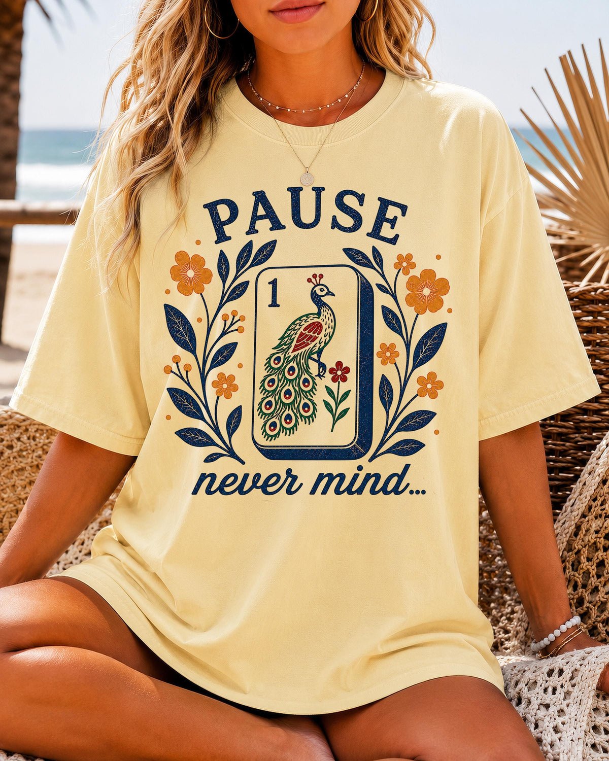 Pause Nevermind Mahjong Peacock Mahjong Tee Comfort Colors Mahjong Player Retro Floral Mahj Yellow Blue (3)
