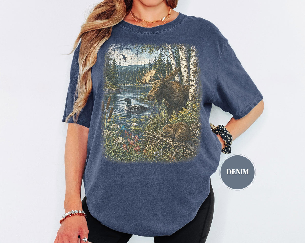 Vintage Nature Wildlife North Woods Tee Cottagecore Lake Loon Oversized Comfort Colors Cabincore Outdoor (4)