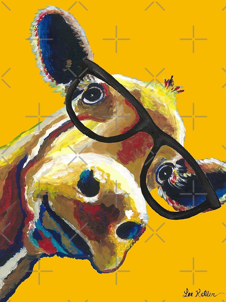 Cute Cow Art, colorful cow with glasses by leekellerart