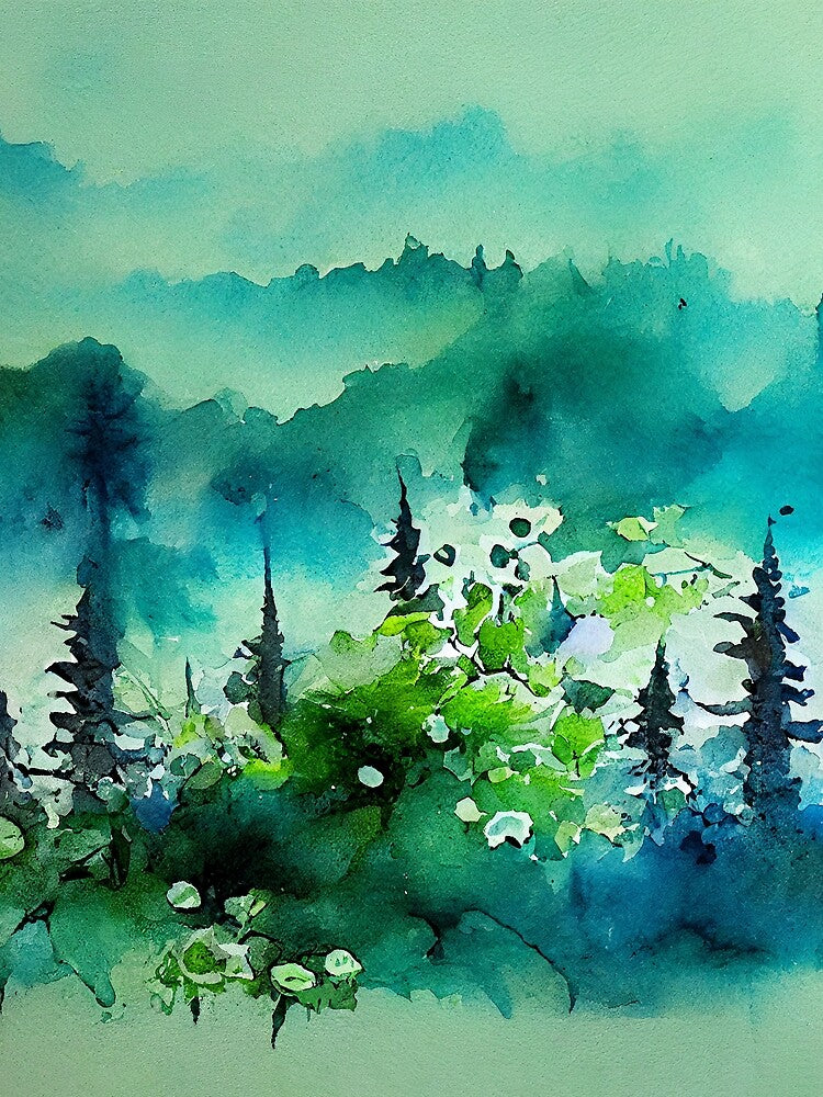 Greeny blue moody forest in fog in loose watercolor style with small cute floral elements by aricutcia