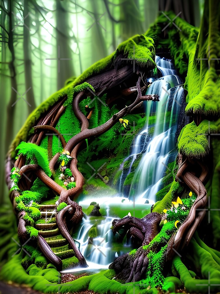 A beautiful lush Fairycore Elf forest with waterfalls by PixieDustAIArt