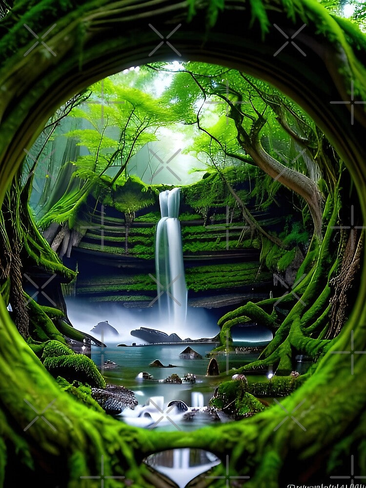 A beautiful lush Fairycore Elf forest with dense growth and waterfalls. by PixieDustAIArt