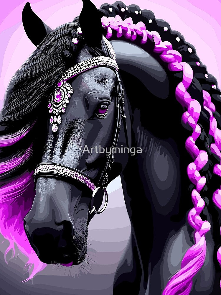 Beautiful Black horse with pink and black hair by Artbyminga