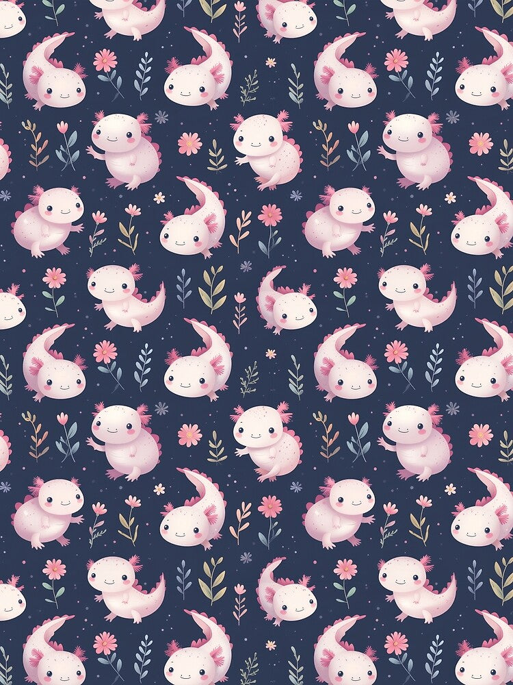Kawaii Axolotl Floral Seamless Pattern – Midnight Navy Pastels by CreativeGarage