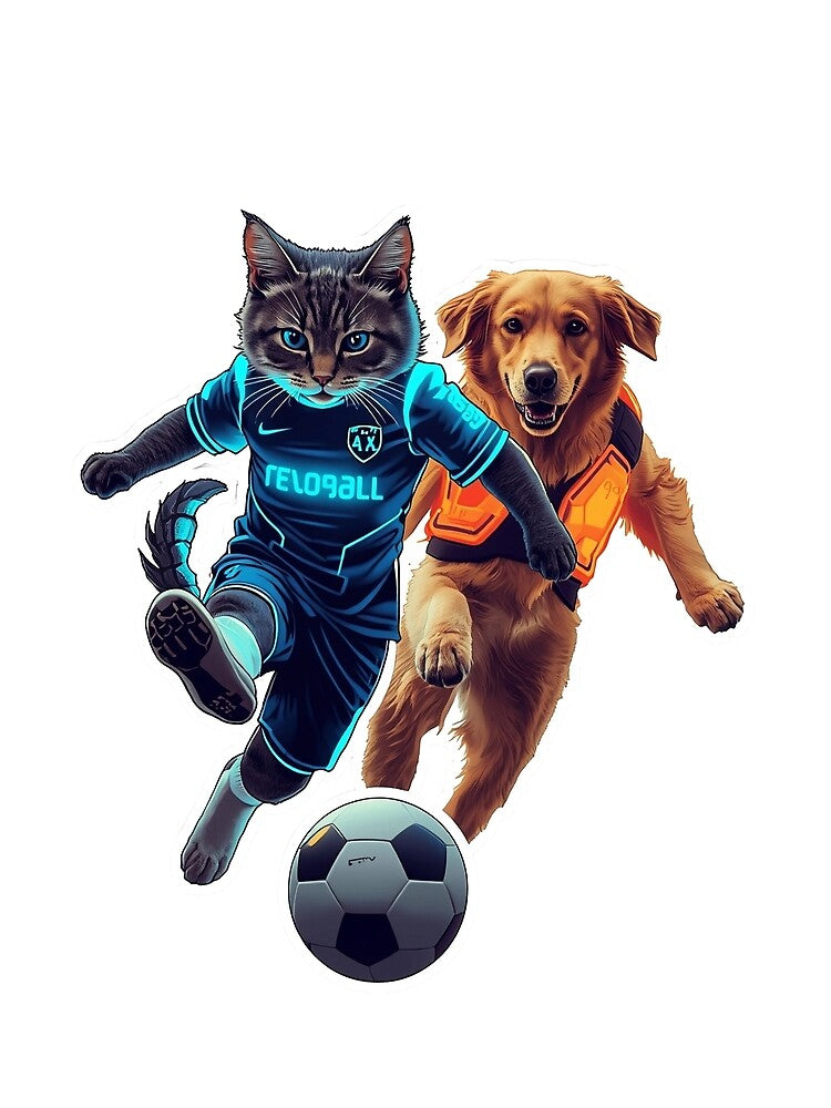 Cyberpunk Cat and Dog Playing Future Soccer by Quotable Gear