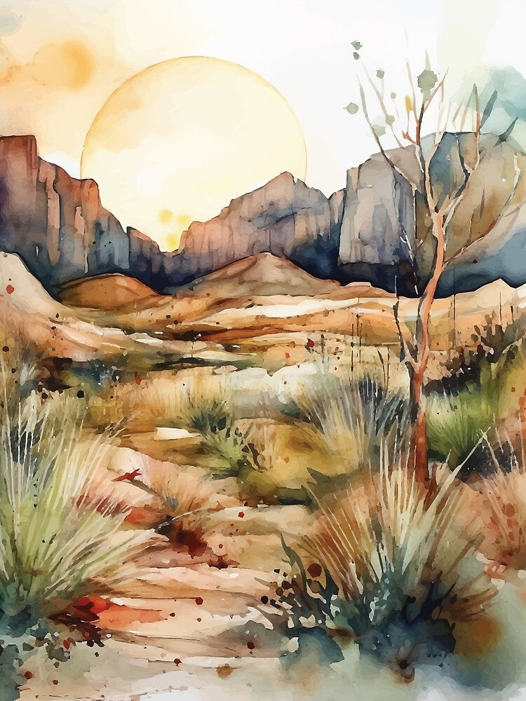 Sunset over Rocky Cliffs - Boho Desert Landscape Watercolors by GVRDesign