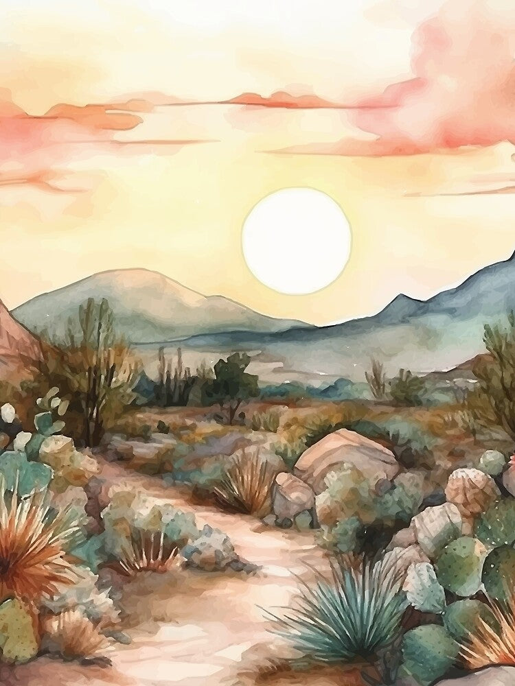 A Serene Desert Sunrise- Boho Desert Landscape Watercolors by GVRDesign