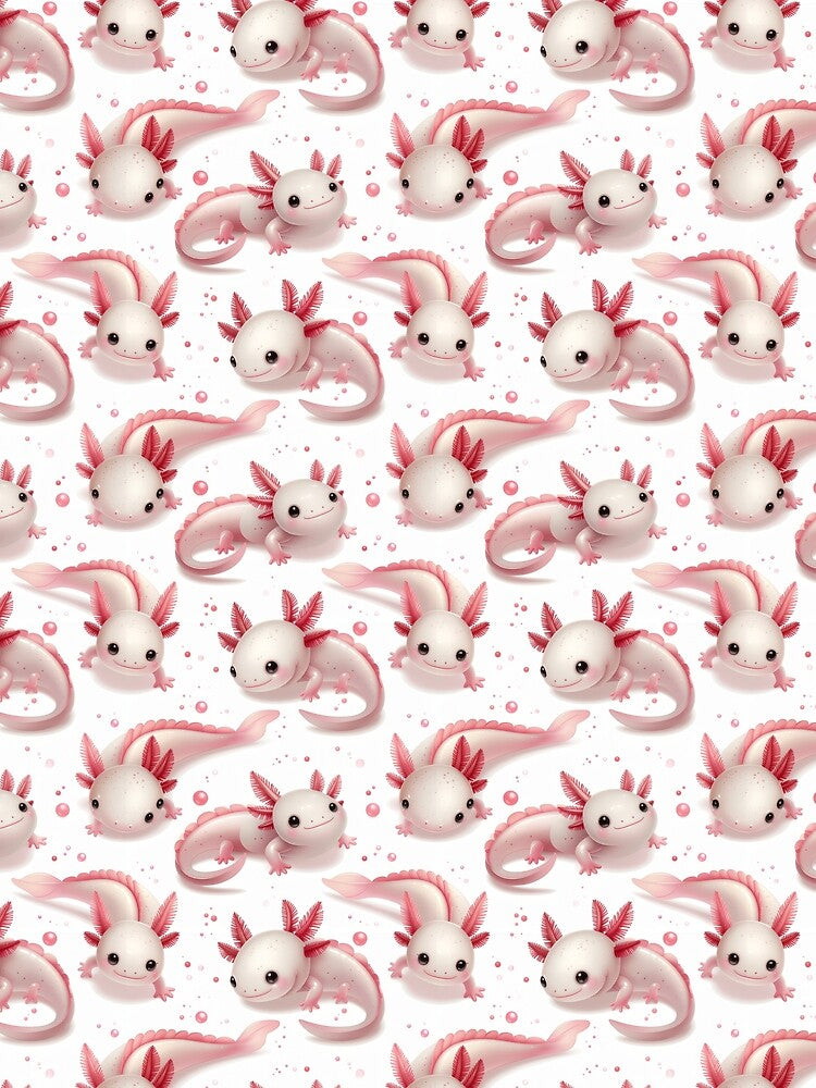 Kawaii Axolotl Bubble Seamless Pattern – Cute Pink Glossy on White by CreativeGarage