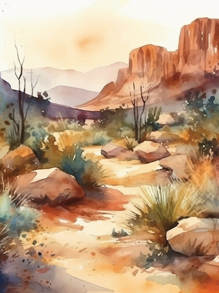 Sunset Over the Distant Mountains - Boho Desert Landscape Watercolors by GVRDesign