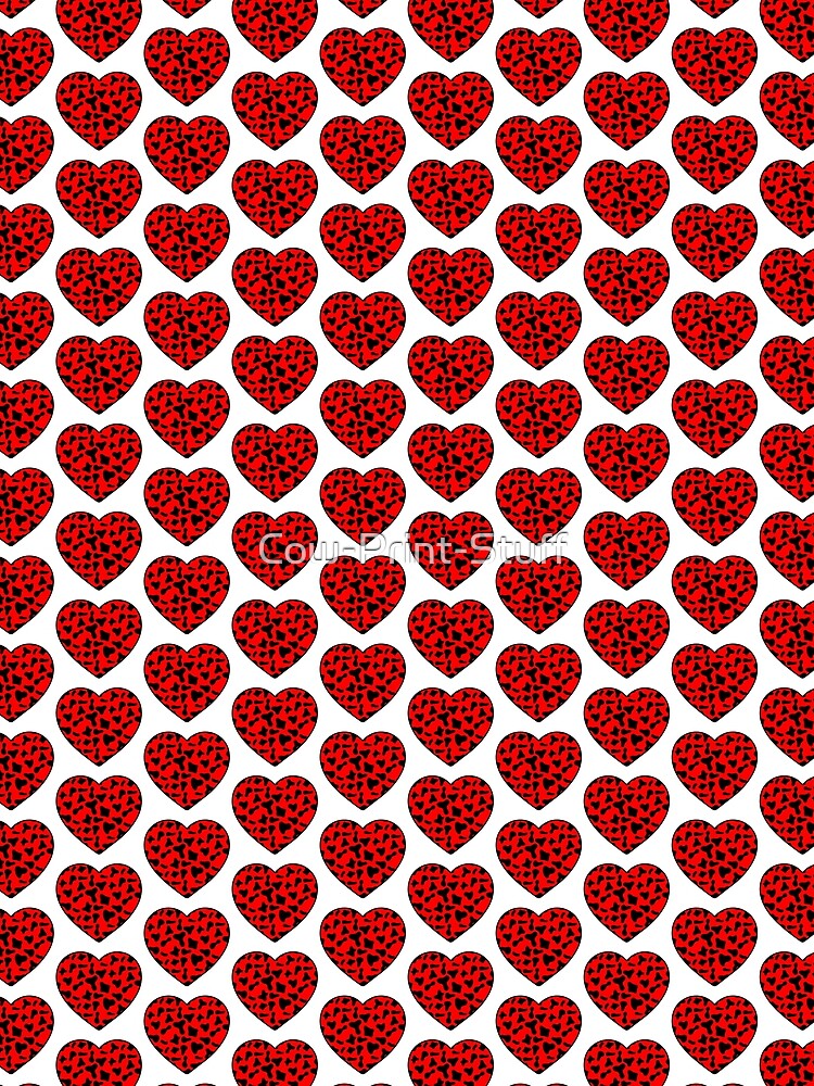Offset Grid Small Black Cow Patches on Red Cowhide | Continues Red Cow Heart by Cow-Print-Stuff
