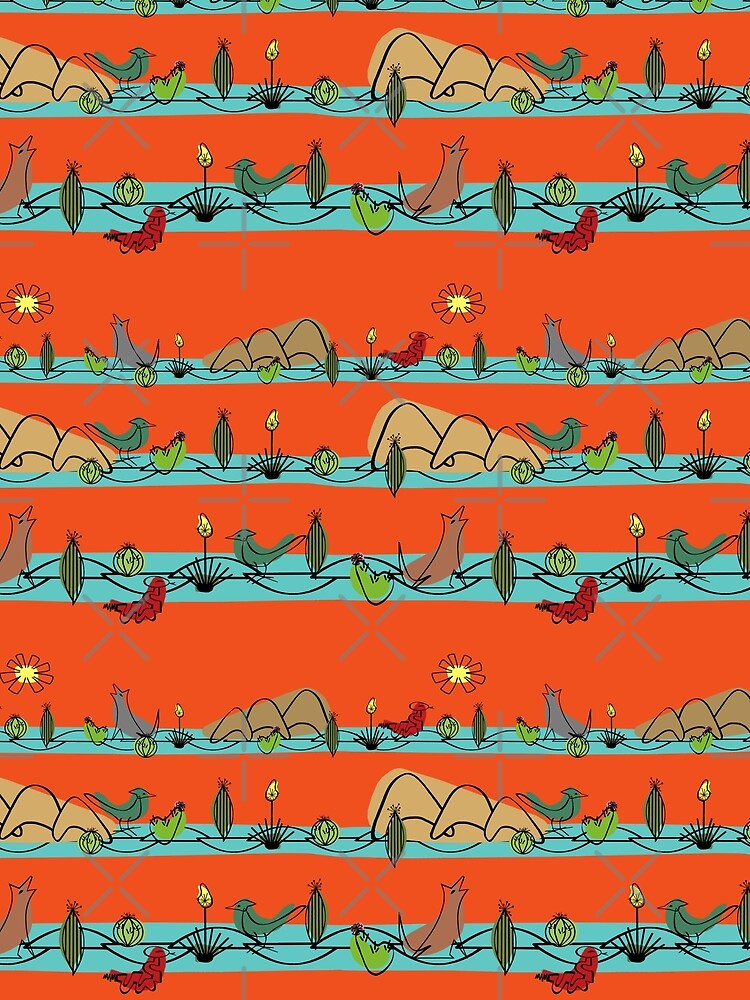 Desert MidMod - Aqua on Red Orange by bmfabricdesigns