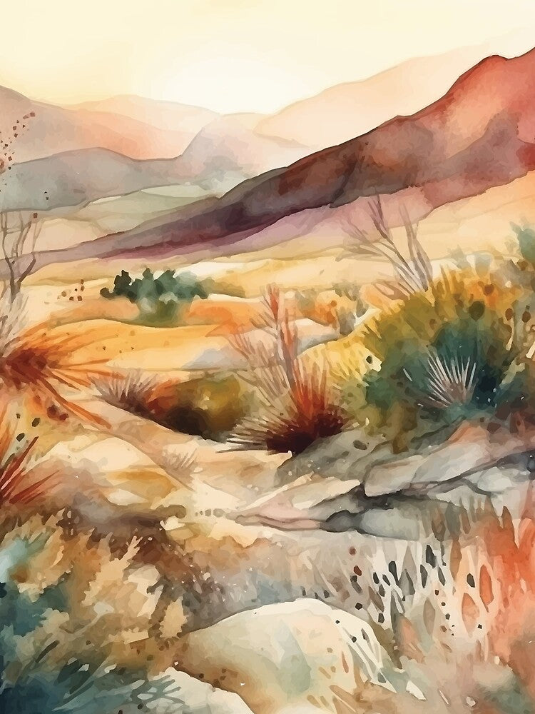 A Serene Desert View - Boho Desert Landscape Watercolors by GVRDesign