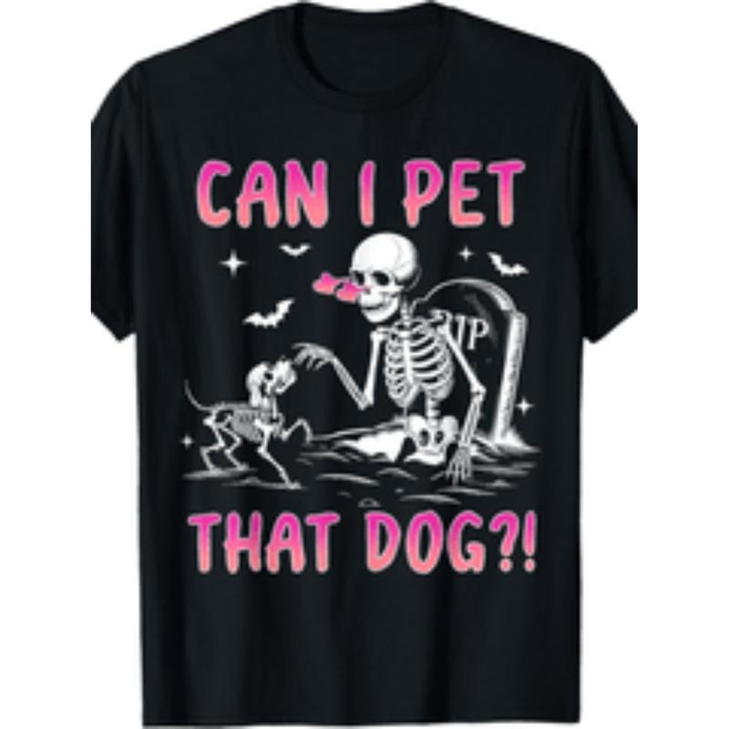 funny skeleton can i pet that dog halloween t shirt 100 cotton short sleeve crew neck non   washable ideal for dog lovers...