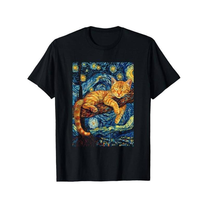 funny vintage graphic Cat Lover's Dream: 100% Cotton T-Shirt with Van Gogh-Inspired Starry Night Cat Print Hoodie, Sweatshirt