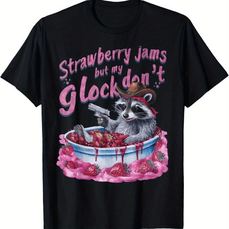 graphic tees [100% Cotton] Playful Raccoon Cowboy T-Shirt With Strawberry Jams And Toy Gun Fun. Hoodie, Sweatshirt