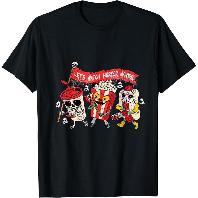 graphictees - [100% Cotton] Cotton Short Sleeve Retro Movie Concessions Let's Watch Horror Movies Halloween T-Shirt for...