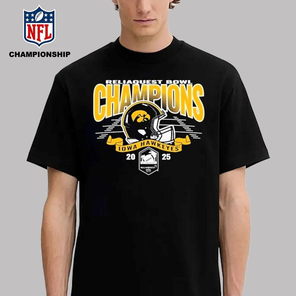 Iowa Hawkeyes Black Blue 84 2025 ReliaQuest Bowl Football Champions Shirt