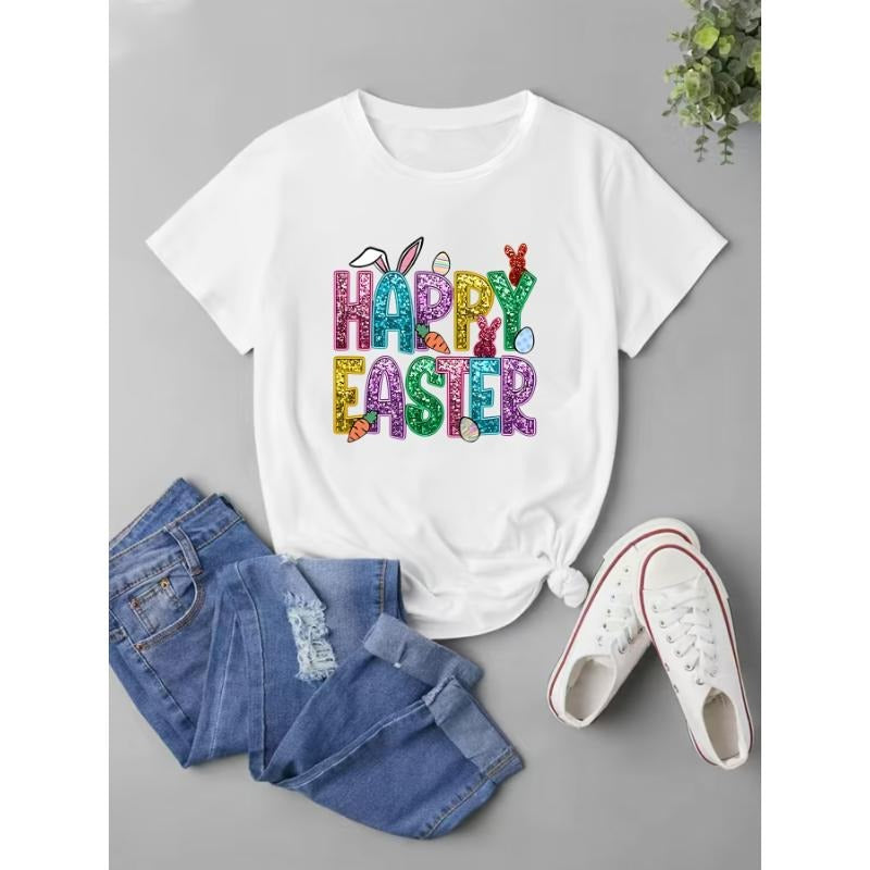 Women's plus size Easter T-shirt, casual round neck, geometric pattern, knitted fabric, medium stretch, 95% polyester and...