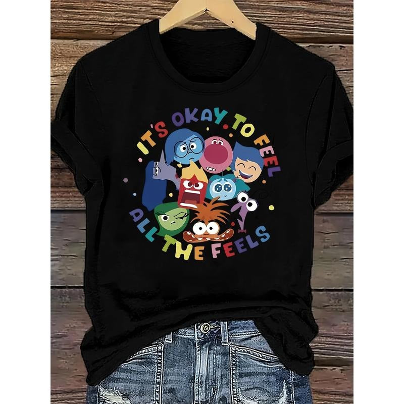 Women'S Cartoon Print T-Shirt, Casual Crew Neck Short Sleeve Top, 95% Polyester 5% Elastane, Regular Length, All Season...