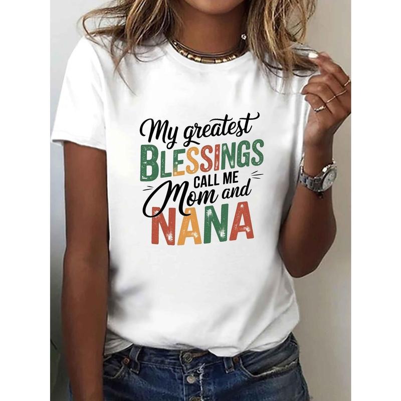 Women's casual crew neck t-shirt with "My greatest blessing is my mom and grandma", geometric pattern knitted polyester...