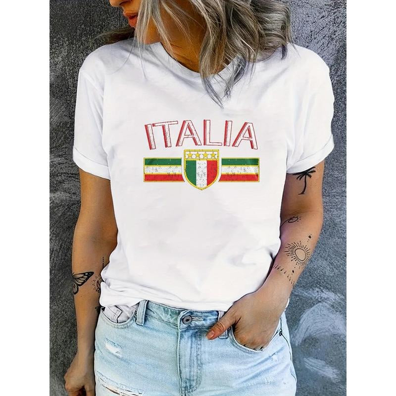 Women'S Spring/Summer Casual Crew Neck T-Shirt, Polyester Knit Fabric, Regular Length, with Italy Flag and Alphabet...