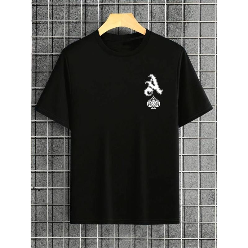 men gifts Alphabet And Spade Print Men's Casual Short Sleeve Crew Neck T-shirt, Summer Outdoor Graphic Menswear Hoodie,...