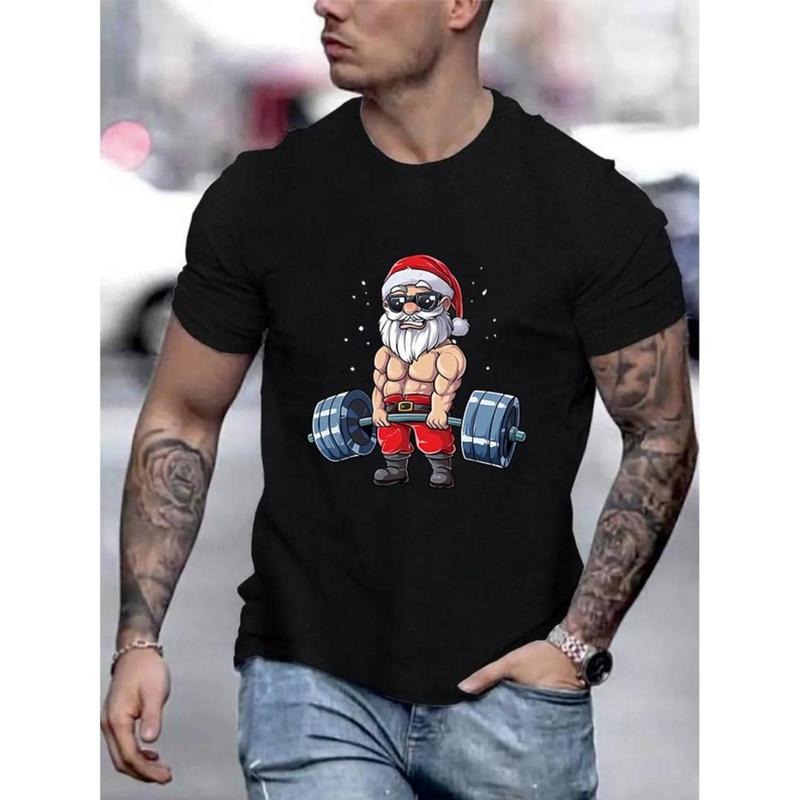 men gifts Crew Neck Santa Claus With Barbells Print Men's Fashionable Summer Short Sleeve Sports T-shirt, Comfortable And...