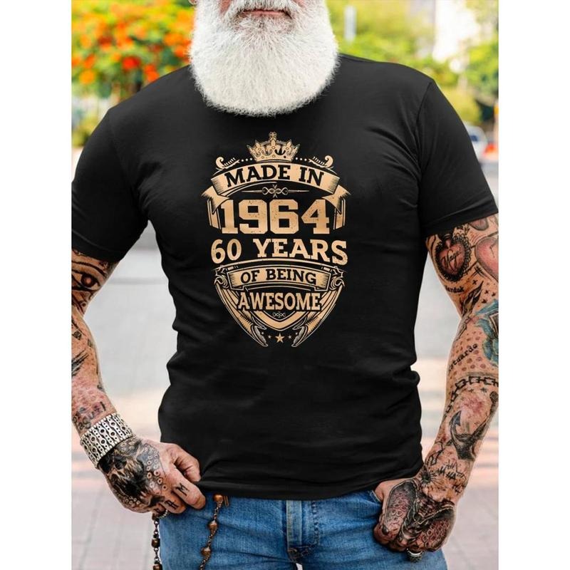 men gifts MADE IN 1964 60 YEARS Print, Men's Comfy T-shirt, Casual Fit Tees For Summer, Men's Clothing Tops For Daily...