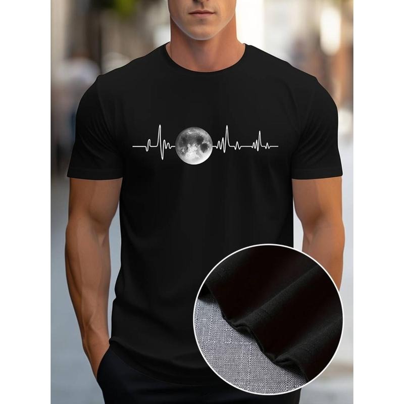 men gifts Men's Black Graphic Tee with Moon Phase Print - Casual Polyester Blend, Crew Neck, Short Sleeve T-Shirt,...