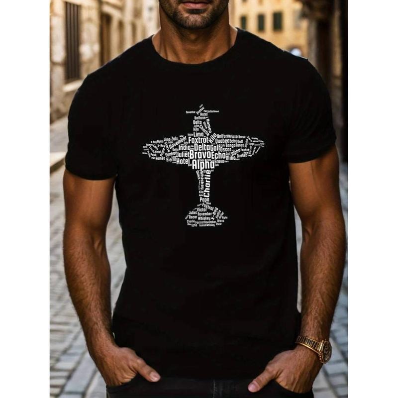men gifts Text Airplane Print Short Sleeve Tees For Men, Casual Crew Neck T-Shirt, Comfortable Breathable T-shirt...