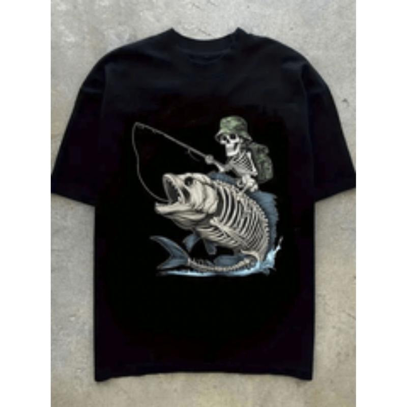 mens 100 cotton skull fishing graphic t shirt white short sleeve crewneck with skeleton   lightweight breathable casual...