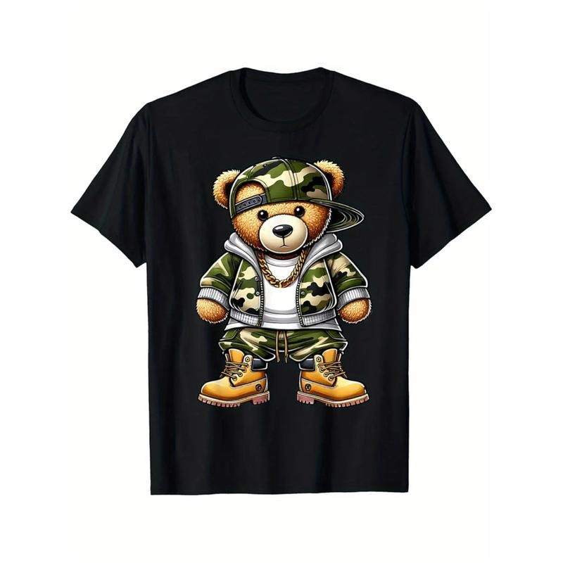 mens camo teddy bear hip hop graphic t shirt 100 cotton   with camouflage design golden chains sneakers regular fit...