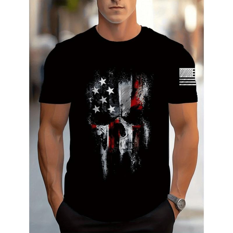 mens patriotic skull usa flag 3d print cotton t shirt street neck short sleeve regular fit casual top for holidays...