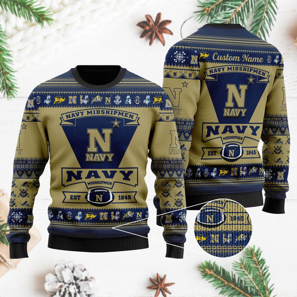 Navy Midshipmen Football Team Logo Custom Name Personalized Ugly Christmas Sweater Perfect Holiday Gift