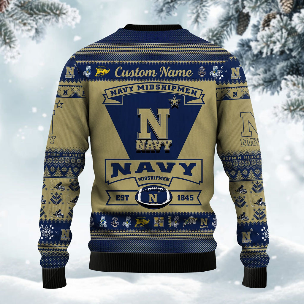 Navy Midshipmen Football Team Logo Custom Name Personalized Ugly Christmas Sweater Perfect Holiday Gift