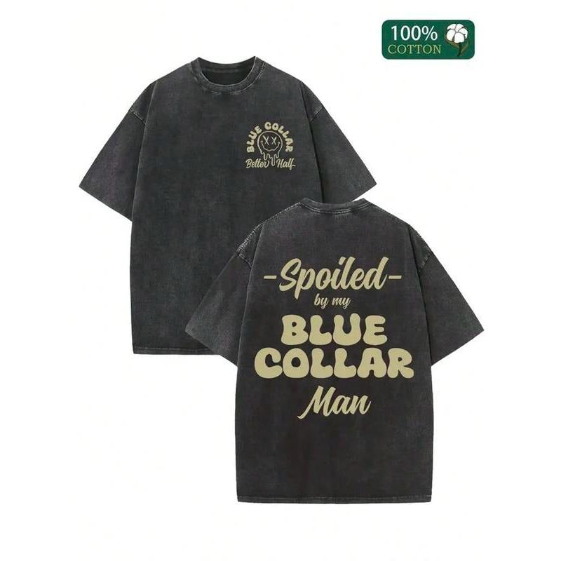 new vintage Summer T-Shirt, 230G Double-Sided Washed T-Shirt, "Spoiled By My Blue Collar Man", Patterned Printed T-Shirt,...