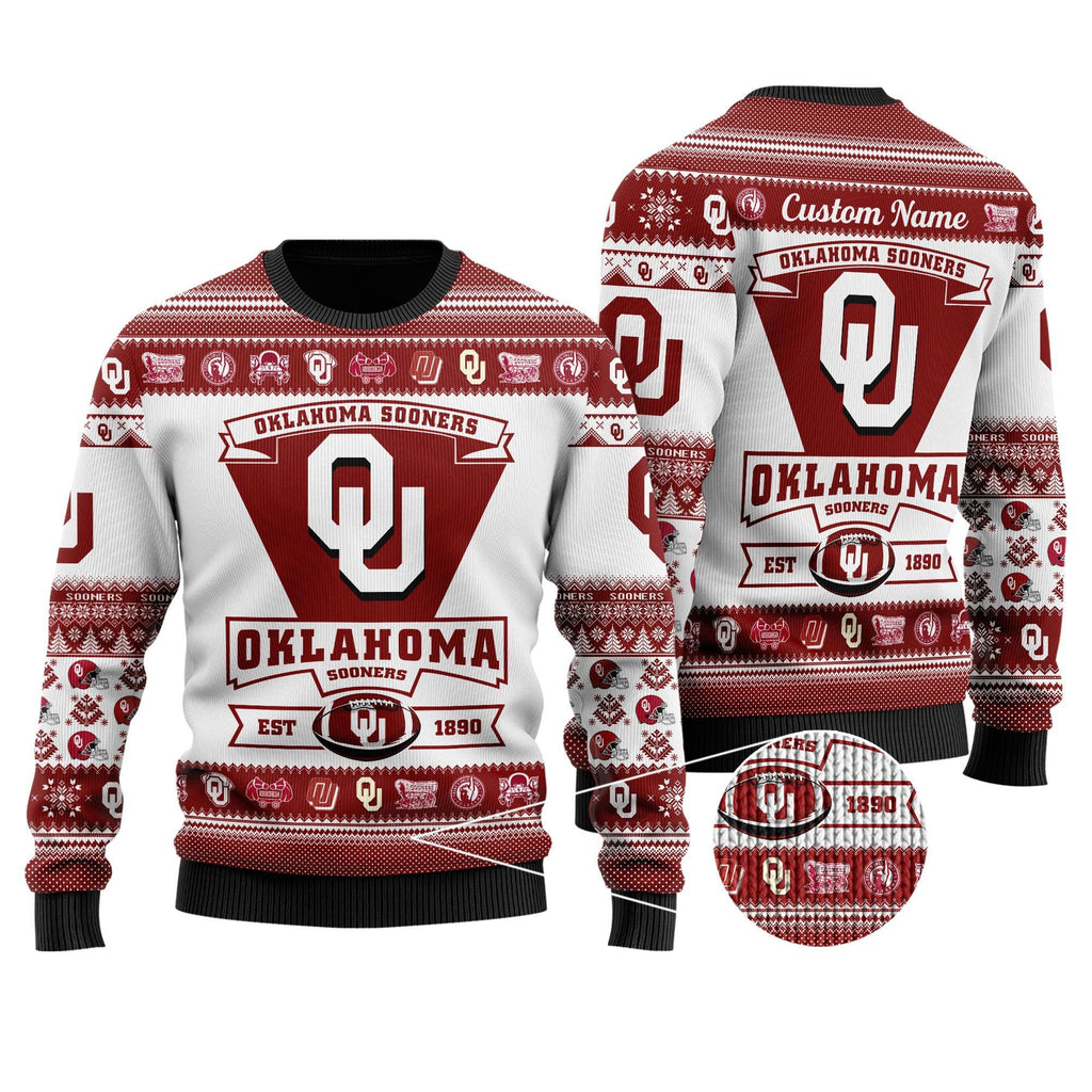 Oklahoma Sooners Football Team Logo Custom Name Personalized Ugly Christmas Sweater Perfect Holiday Gift