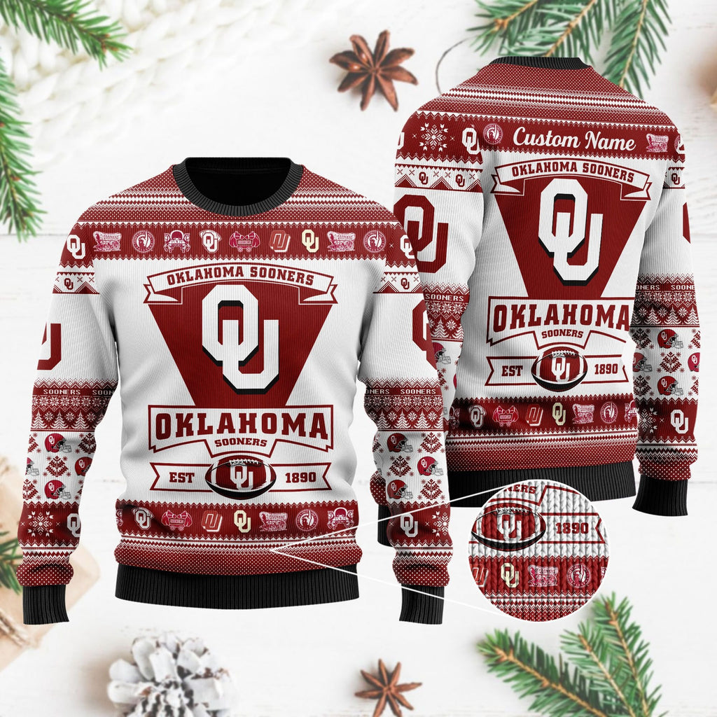 Oklahoma Sooners Football Team Logo Custom Name Personalized Ugly Christmas Sweater Perfect Holiday Gift