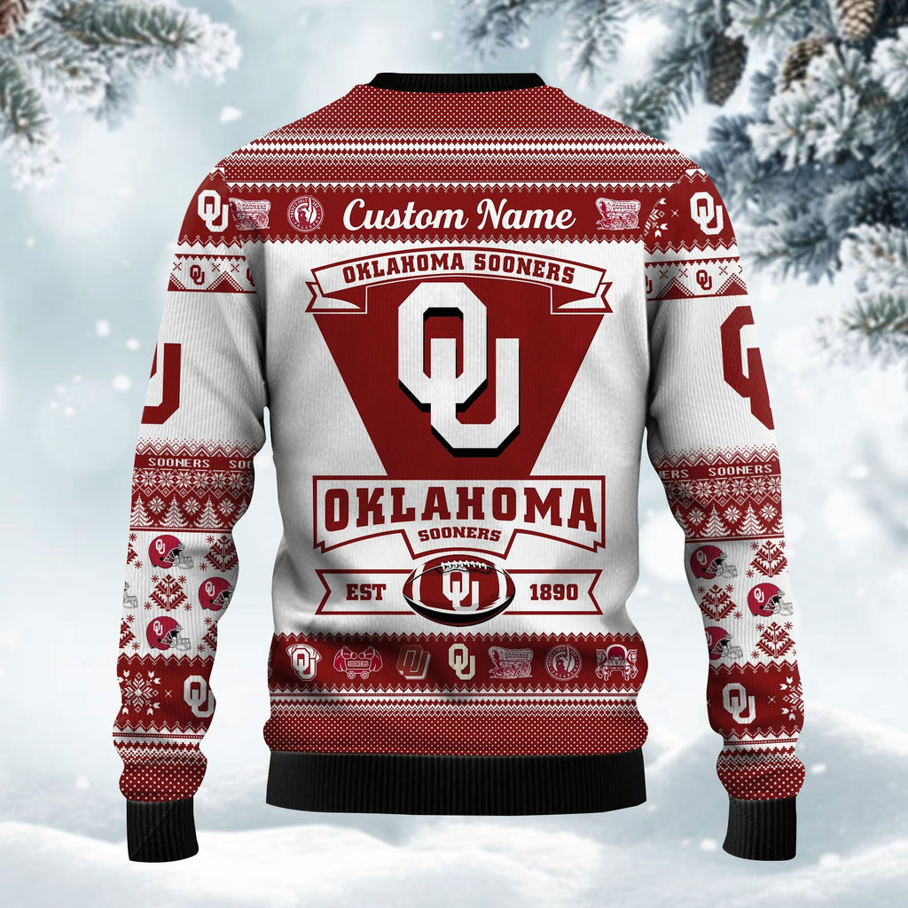 Oklahoma Sooners Football Team Logo Custom Name Personalized Ugly Christmas Sweater Perfect Holiday Gift